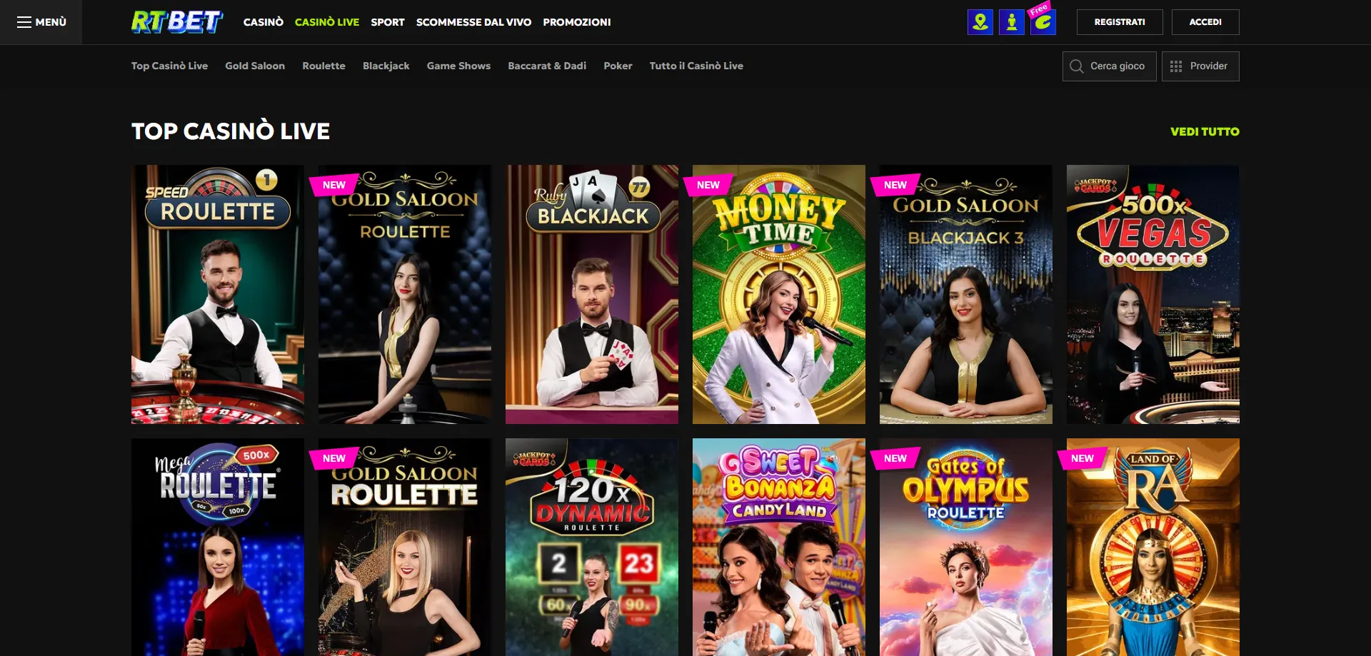 RTbet casin&ograve; dal vivo croupier reali game show in diretta